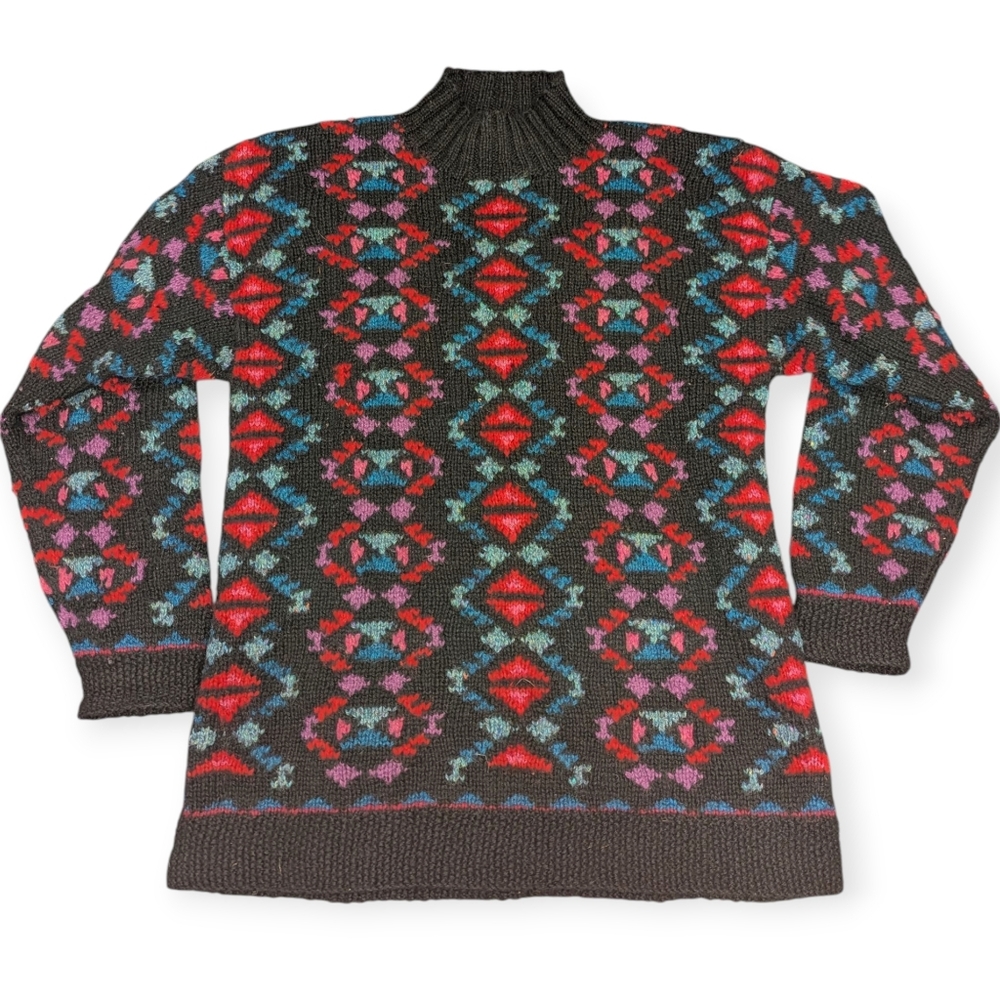 Vintage LL Bean Womens Aztec Print Mock Neck 100% Wool Sweater Size Medium Prepp